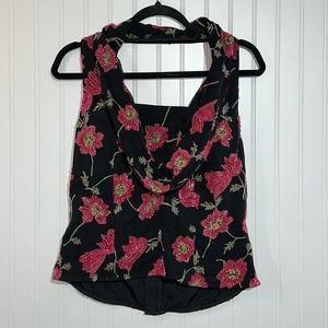 Andretta Donatello Halter Top Women’s Large Black And Pink Silk Floral Beaded